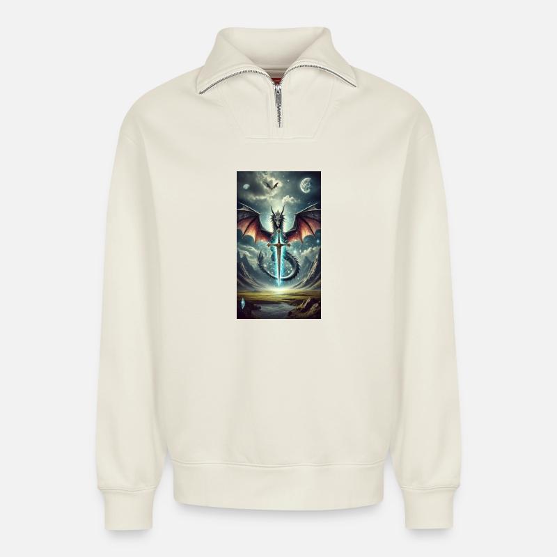 Drache mit Himmlischem Schwert - Relaxed Unisex Organic Half Zip Sweatshirt – von SPREAD - Naturweiß