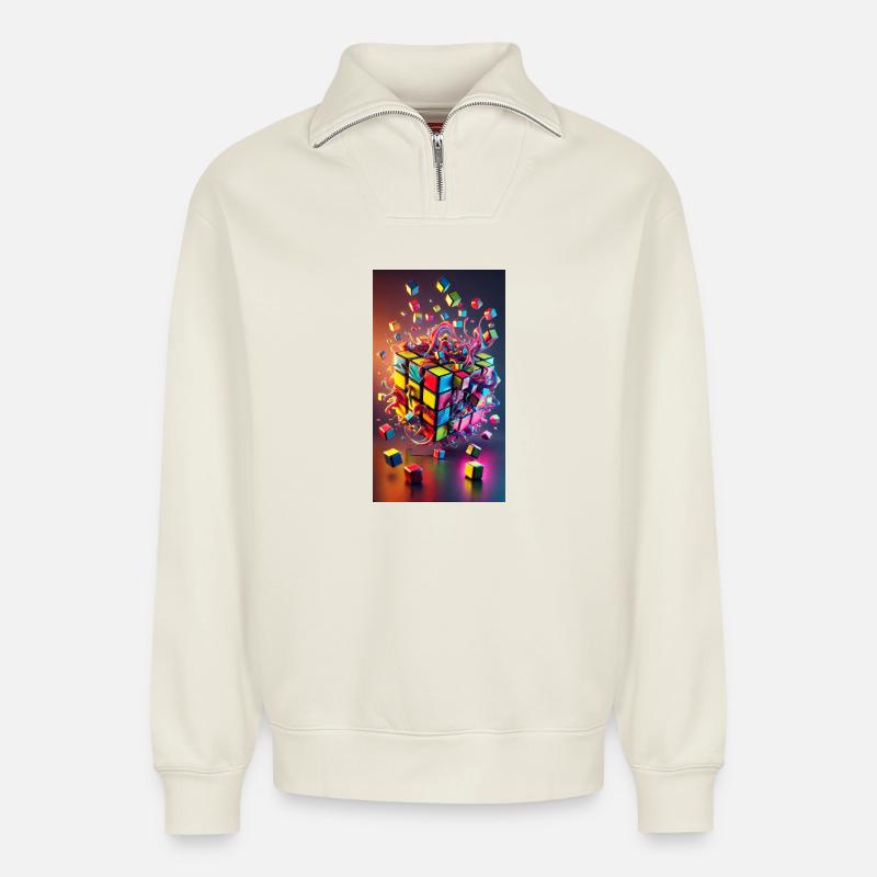 Farbexplosionswürfel - Relaxed Unisex Organic Half Zip Sweatshirt – von SPREAD - Naturweiß