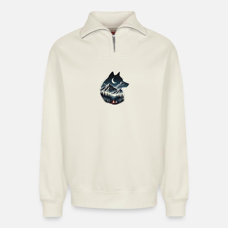 wolf - Relaxed Unisex Organic Half Zip Sweatshirt – by SPREAD - off white