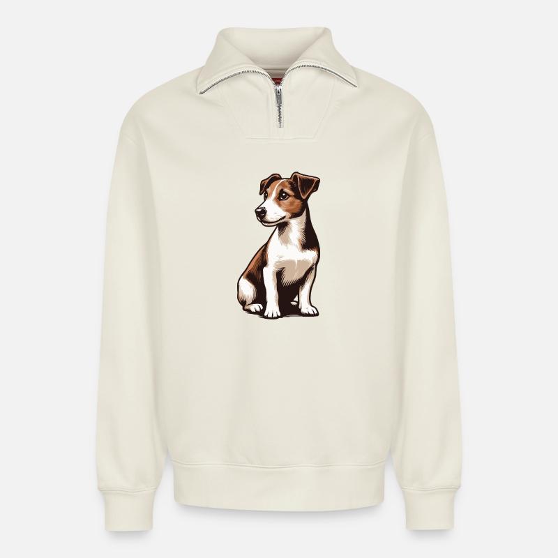 Jack Russell Terrier - Sweat unisexe décontracté en coton biologique à demi-zip – de SPREAD - blanc cassé