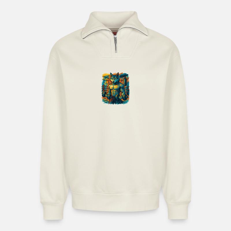 Wolfsstarke Gymkraft - Relaxed Unisex Organic Half Zip Sweatshirt – von SPREAD - Naturweiß