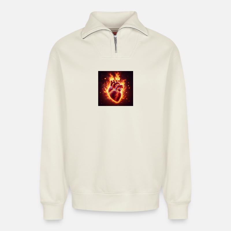 Conception de cœur brûlant - Sweat unisexe décontracté en coton biologique à demi-zip – de SPREAD - blanc cassé