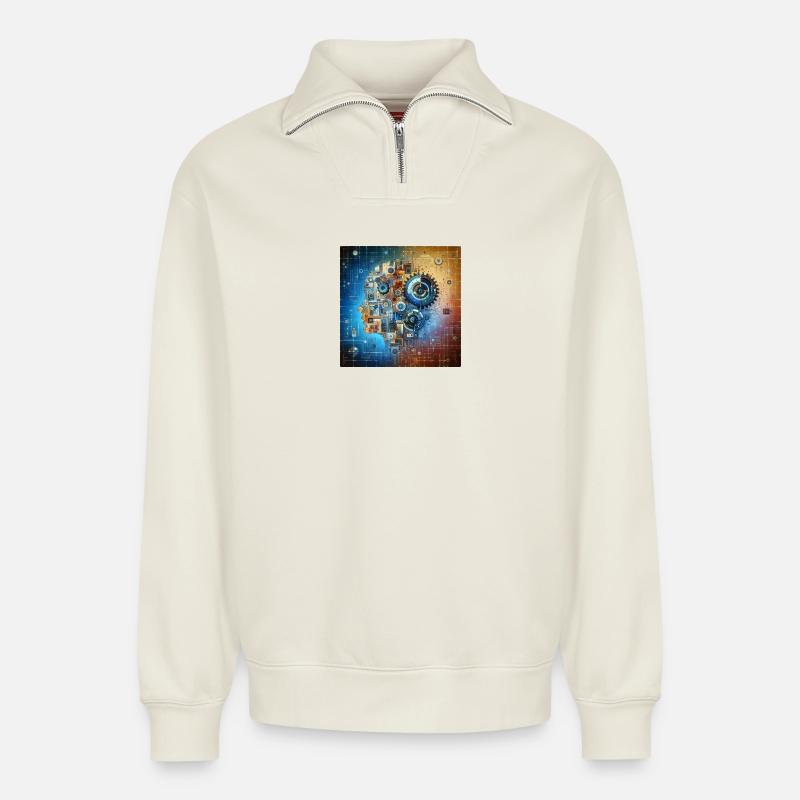 Kosmische Uhrwerk Fusion - Relaxed Unisex Organic Half Zip Sweatshirt – von SPREAD - Naturweiß