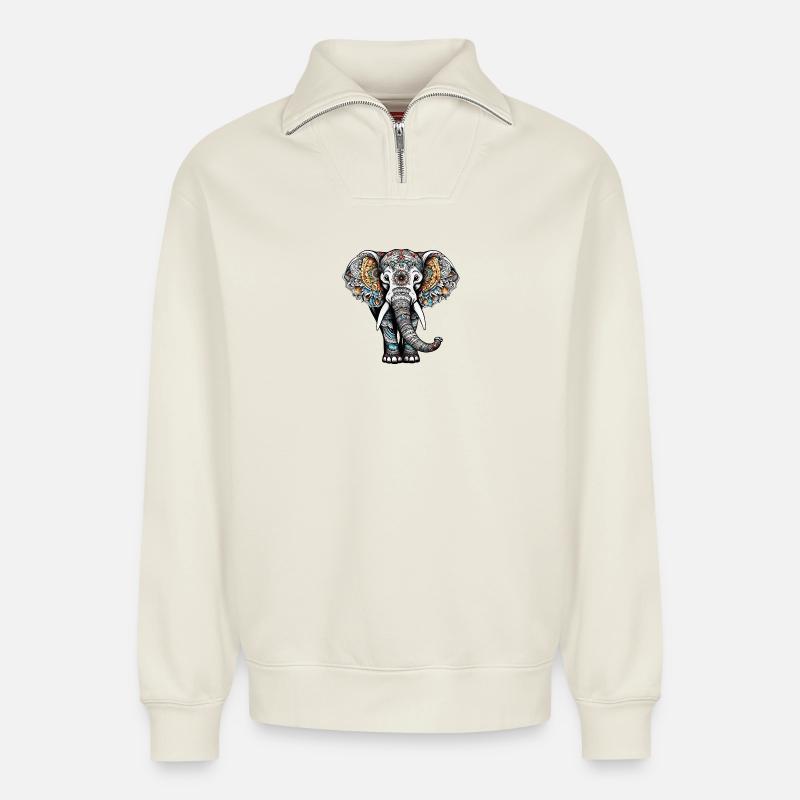 bunter elefant im tattoo style - Relaxed Unisex Organic Half Zip Sweatshirt – von SPREAD - Naturweiß