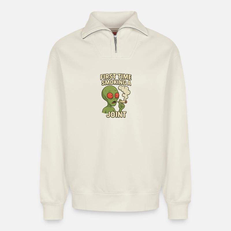 Alien First Joint Smoking - Relaxed Unisex Organic Half Zip Sweatshirt – by SPREAD - off white