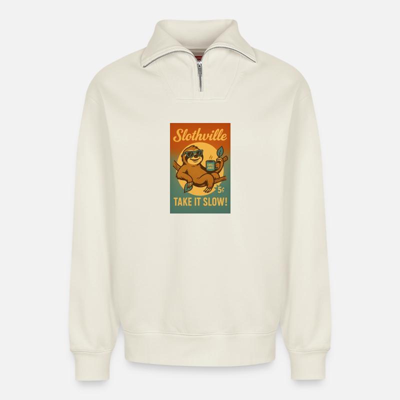 Faultier Slothville - Relaxed Unisex Organic Half Zip Sweatshirt – von SPREAD - Naturweiß