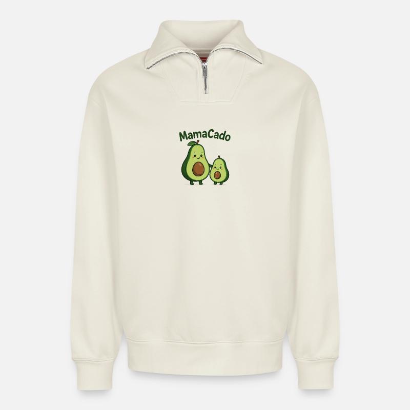 MamaCado – Avocado mit Herz - Relaxed Unisex Organic Half Zip Sweatshirt – von SPREAD - Naturweiß