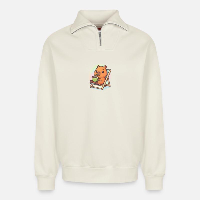 Capybara kawaii décontracté - Sweat unisexe décontracté en coton biologique à demi-zip – de SPREAD - blanc cassé
