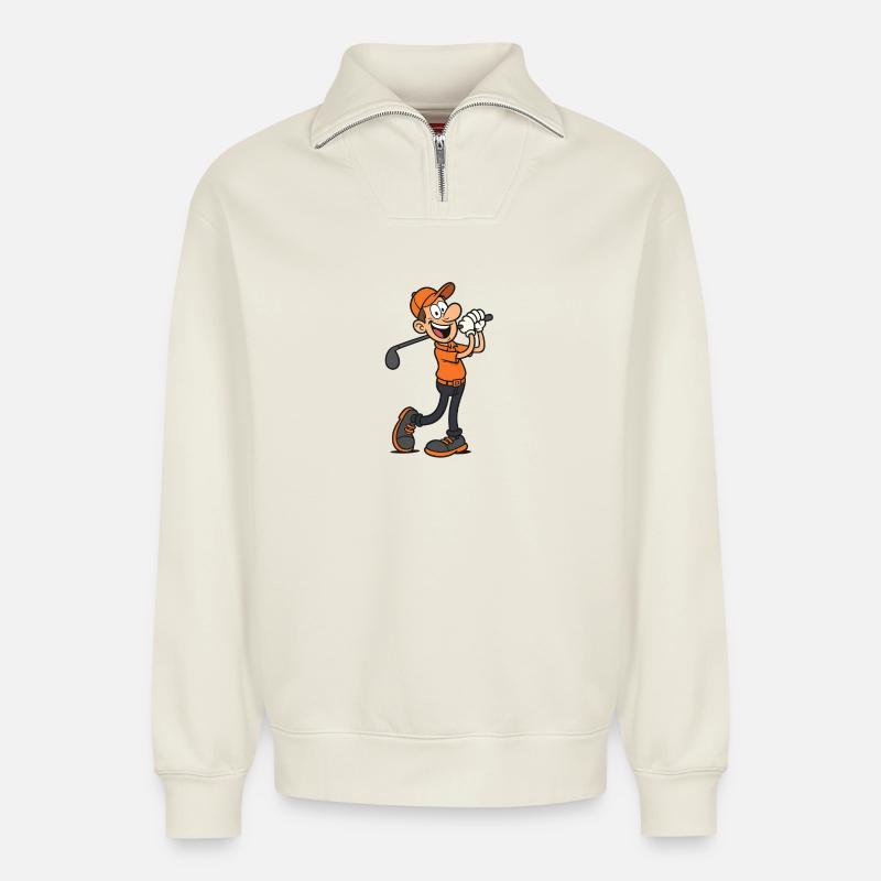 Cartoon Golfer - Männlich - Relaxed Unisex Organic Half Zip Sweatshirt – von SPREAD - Naturweiß