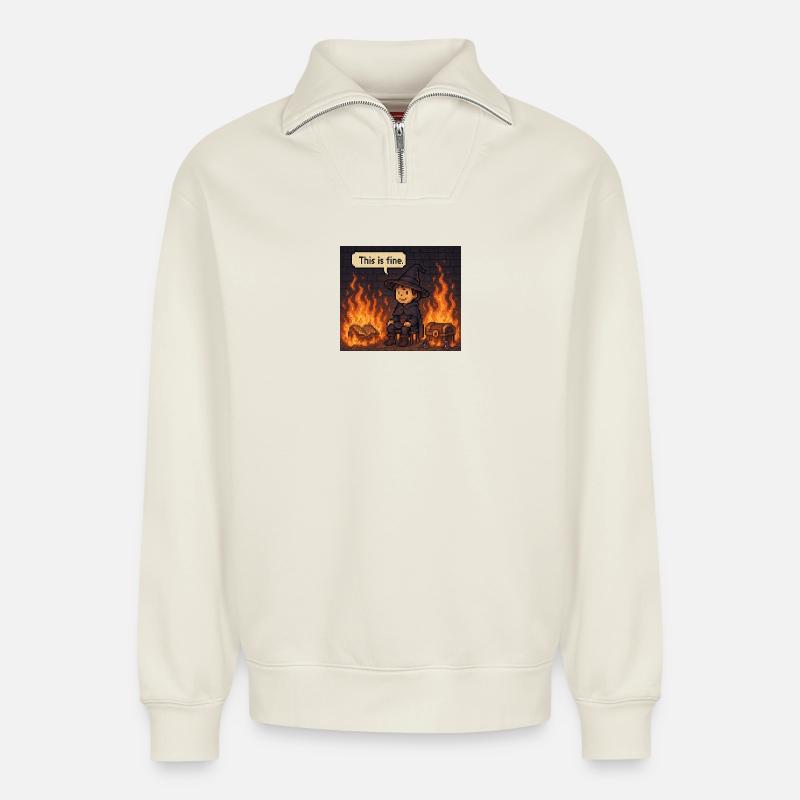 This Is Fine - Relaxed Unisex Organic Half Zip Sweatshirt – von SPREAD - Naturweiß