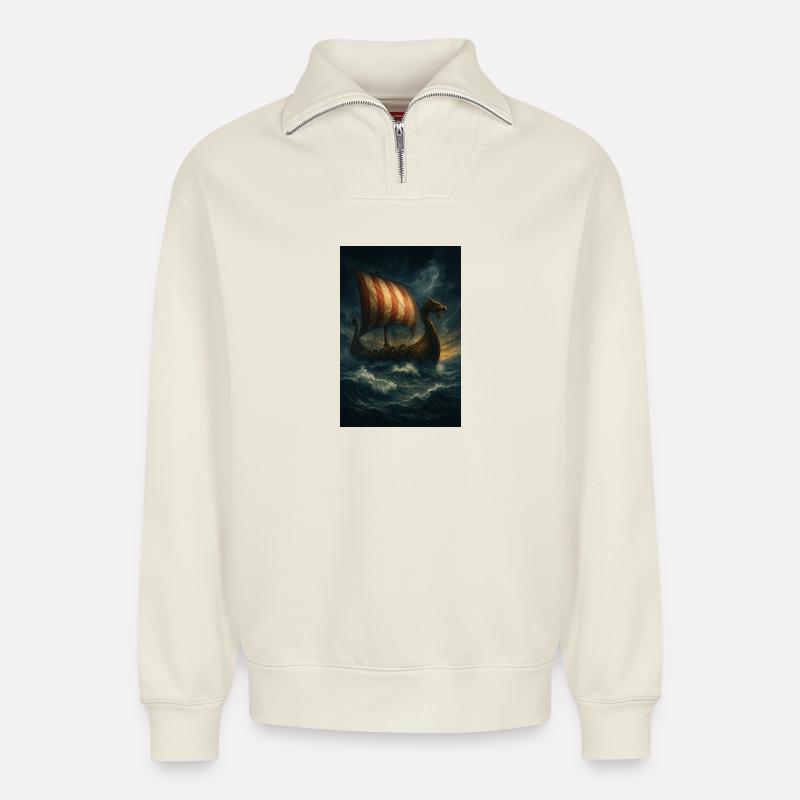Wikinger-Schiff im Sturm - Relaxed Unisex Organic Half Zip Sweatshirt – von SPREAD - Naturweiß