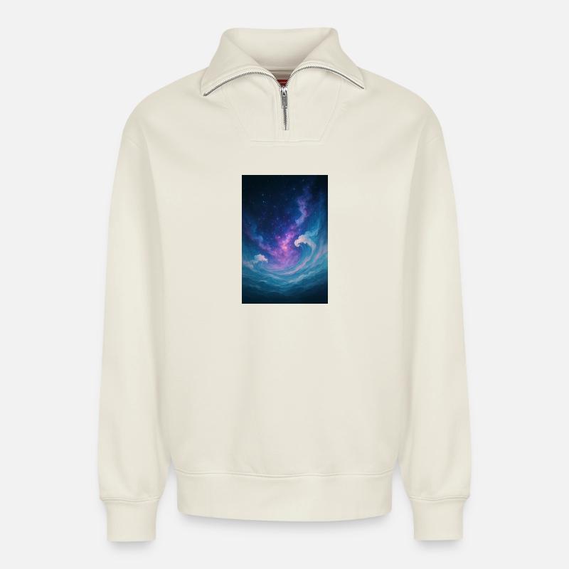 L’univers Wave - Sweat unisexe décontracté en coton biologique à demi-zip – de SPREAD - blanc cassé