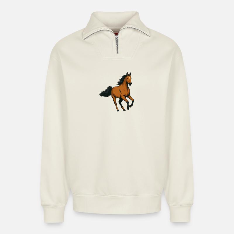 Galloping Amber Stallion - Relaxed Unisex Organic Half Zip Sweatshirt – by SPREAD - off white