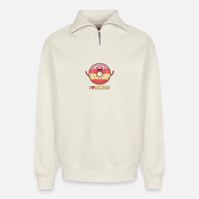J’adore les beignets - Sweat unisexe décontracté en coton biologique à demi-zip – de SPREAD - blanc cassé