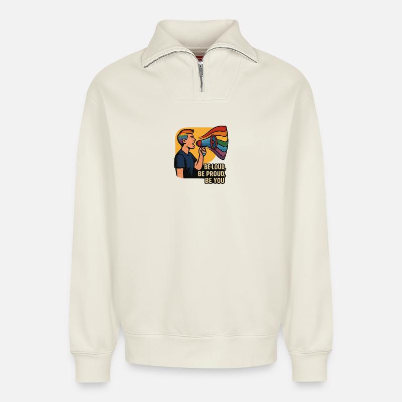 LGBTQ-Regenbogen-Megaphon-Illustration - Relaxed Unisex Organic Half Zip Sweatshirt – von SPREAD - Naturweiß