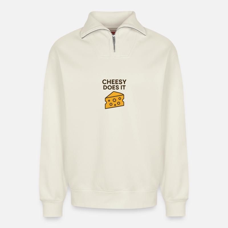 Cheesy does it Motivational Design - Relaxed Unisex Organic Half Zip Sweatshirt – von SPREAD - Naturweiß