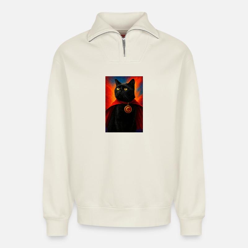 Superhelden-Cat mit Goldmedaillon - Relaxed Unisex Organic Half Zip Sweatshirt – von SPREAD - Naturweiß