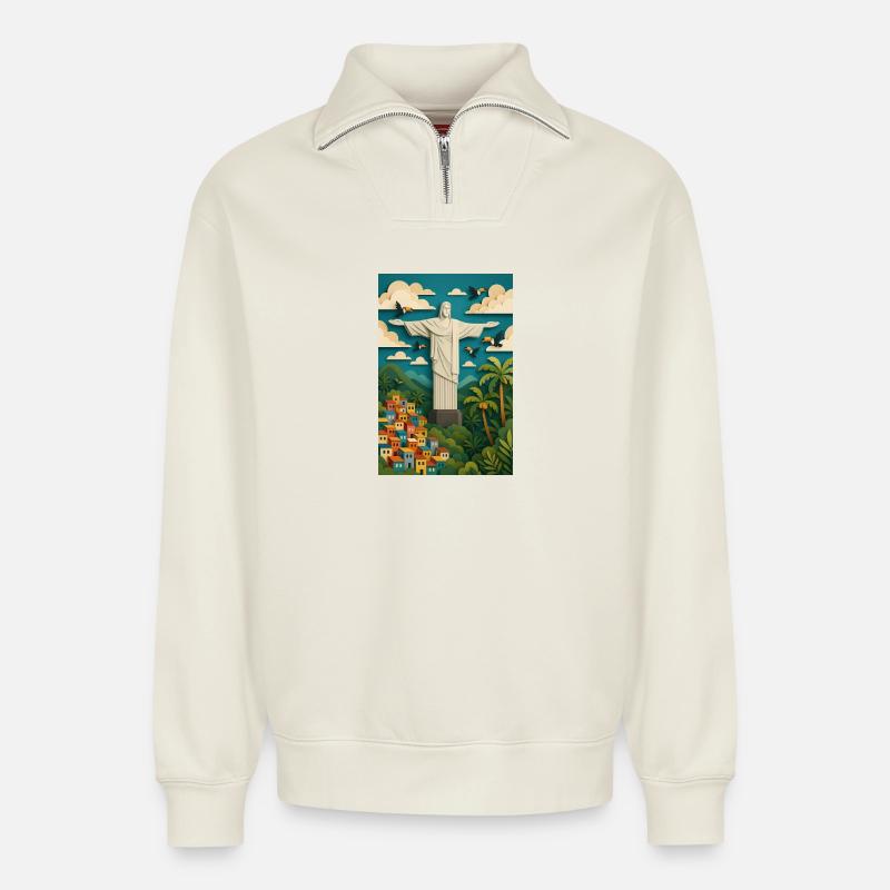 Christus Statue in tropischer Kulisse/Rio  - Relaxed Unisex Organic Half Zip Sweatshirt – von SPREAD - Naturweiß