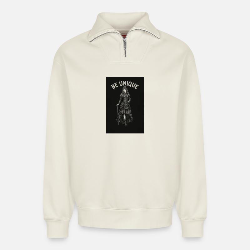 Steampunk Dame mit Leithuhn - Relaxed Unisex Organic Half Zip Sweatshirt – von SPREAD - Naturweiß