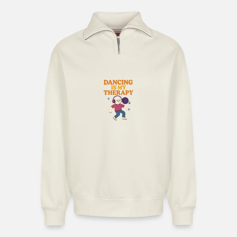 Dancing Therapy Illustration - Sweat unisexe décontracté en coton biologique à demi-zip – de SPREAD - blanc cassé