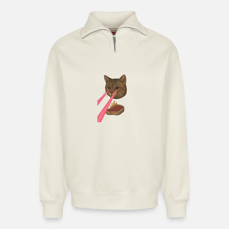 Laser Cat - Sweat unisexe décontracté en coton biologique à demi-zip – de SPREAD - blanc cassé