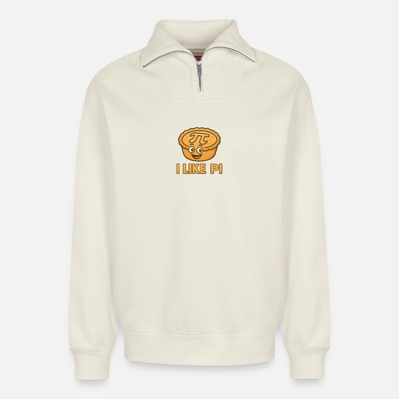 Pi-Kuchen mit lustigem Gesicht - Relaxed Unisex Organic Half Zip Sweatshirt – von SPREAD - Naturweiß