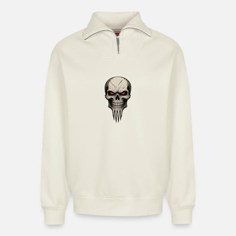 Zombie Skull Nightmare - Relaxed Unisex Organic Half Zip Sweatshirt – by SPREAD - off white
