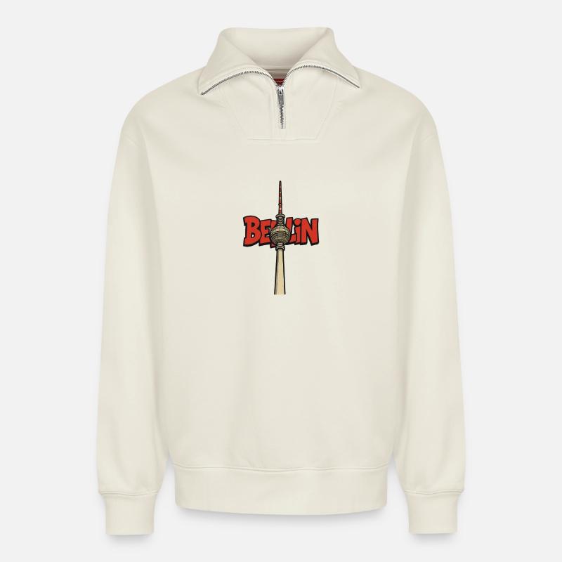 Berlin Fernsehturm Design - Relaxed Unisex Organic Half Zip Sweatshirt – von SPREAD - Naturweiß