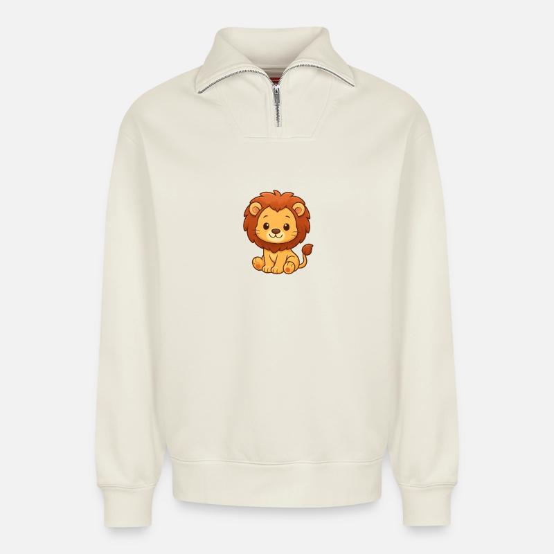 Design mignon de Lion Kush - Sweat unisexe décontracté en coton biologique à demi-zip – de SPREAD - blanc cassé