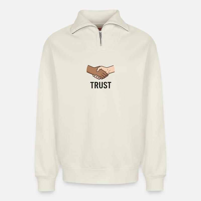 Faires Handshake-Symbol-Design - Relaxed Unisex Organic Half Zip Sweatshirt – von SPREAD - Naturweiß