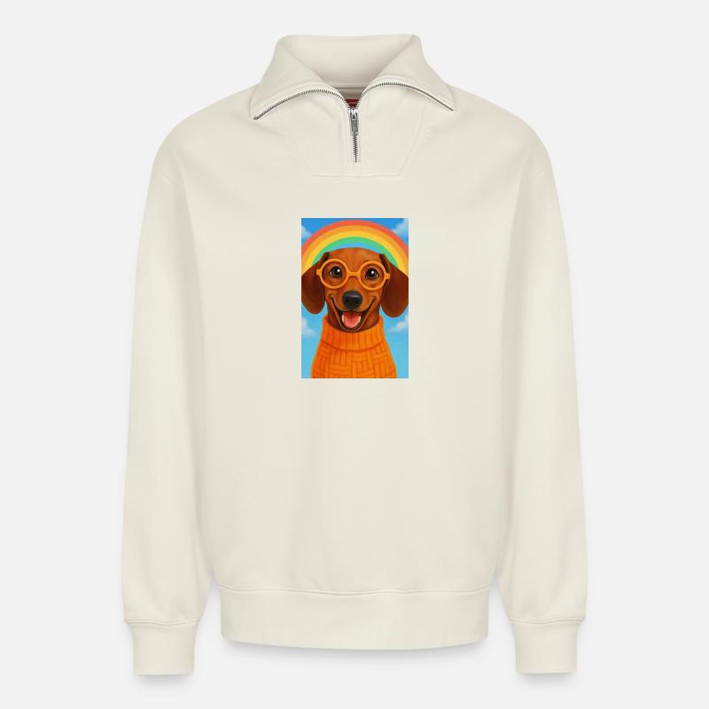 Glücklicher Hund mit Brille und Regenbogen - Relaxed Unisex Organic Half Zip Sweatshirt – von SPREAD - Naturweiß