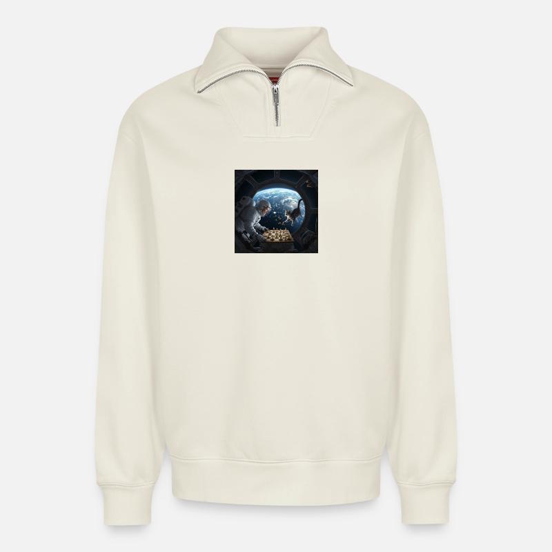 Échecs spatiaux avec chat - Sweat unisexe décontracté en coton biologique à demi-zip – de SPREAD - blanc cassé