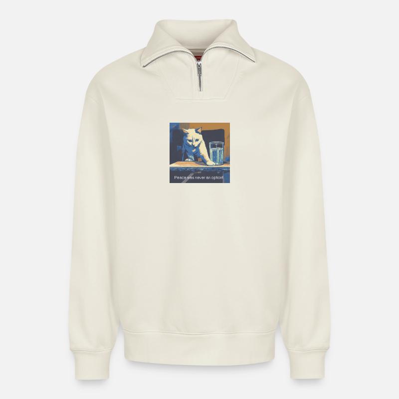 Katzenmotiv mit Friedensbotschaft - Relaxed Unisex Organic Half Zip Sweatshirt – von SPREAD - Naturweiß