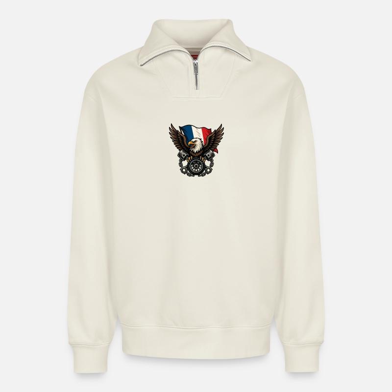 French Eagle with Flag - Relaxed Unisex Organic Half Zip Sweatshirt – by SPREAD - off white