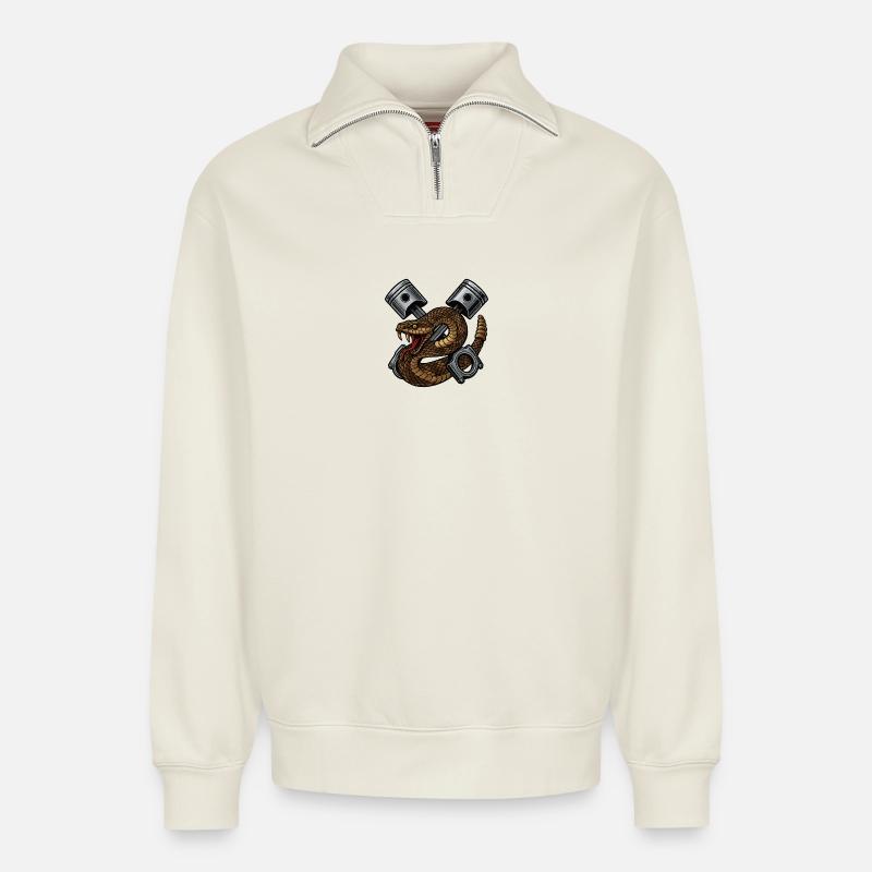 Snake with Pistons, Retro - Relaxed Unisex Organic Half Zip Sweatshirt – by SPREAD - off white