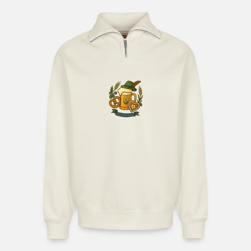 Bier Krug & Lebkuchen Design - Relaxed Unisex Organic Half Zip Sweatshirt – von SPREAD - Naturweiß
