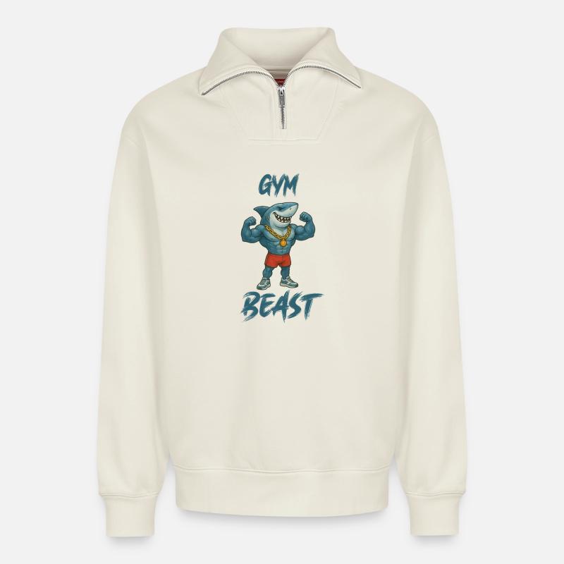 hai-comic-bodybuilder-gym - Relaxed Unisex Organic Half Zip Sweatshirt – von SPREAD - Naturweiß