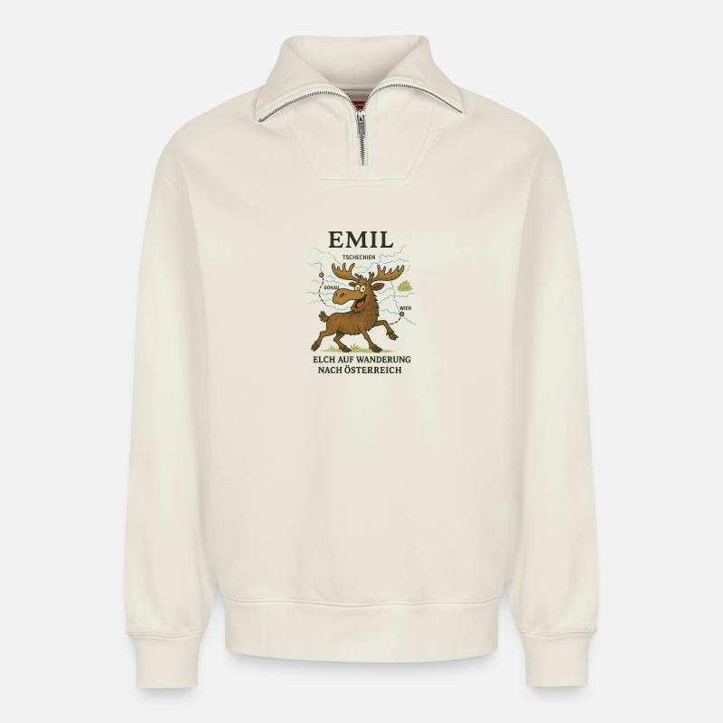 Emil en randonnée - Sweat unisexe décontracté en coton biologique à demi-zip – de SPREAD - blanc cassé