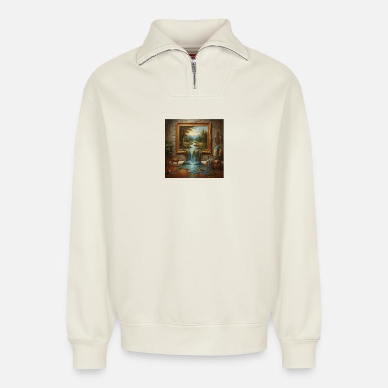Paradis naturel avec eau courante - Sweat unisexe décontracté en coton biologique à demi-zip – de SPREAD - blanc cassé