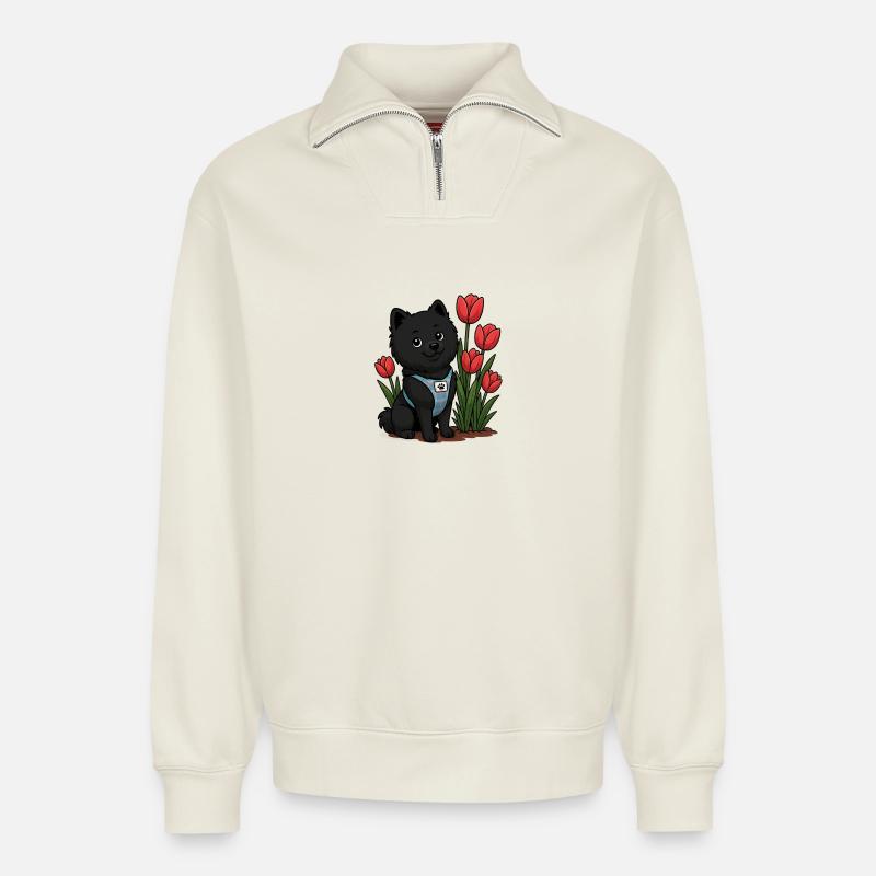 Süßer Spitz Hund mit Tulpen - Relaxed Unisex Organic Half Zip Sweatshirt – von SPREAD - Naturweiß