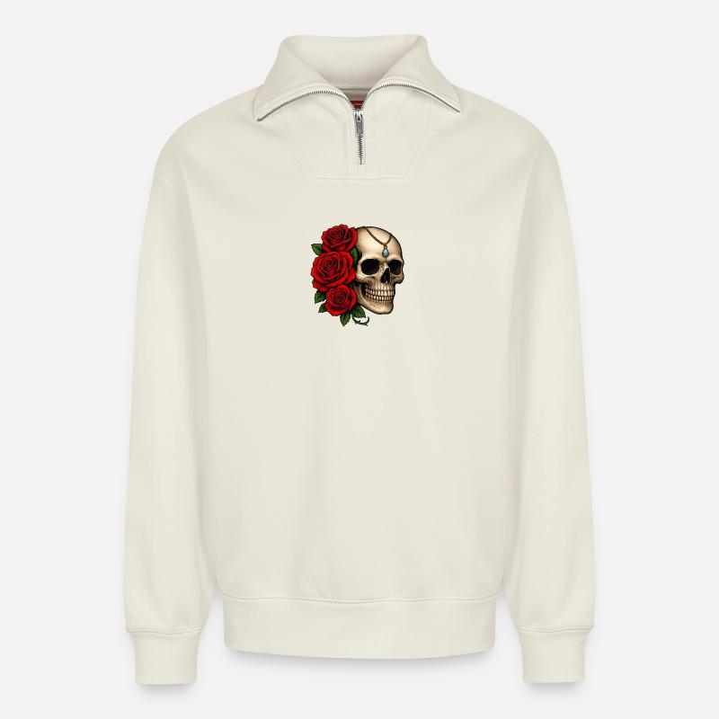 Roses & Crânes Tattoo Design - Sweat unisexe décontracté en coton biologique à demi-zip – de SPREAD - blanc cassé