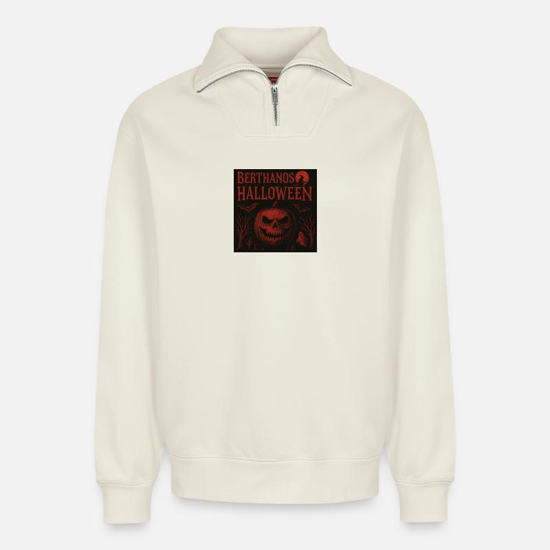 Berthanos Halloween Halloween Citrouille Design - Sweat unisexe décontracté en coton biologique à demi-zip – de SPREAD - blanc cassé