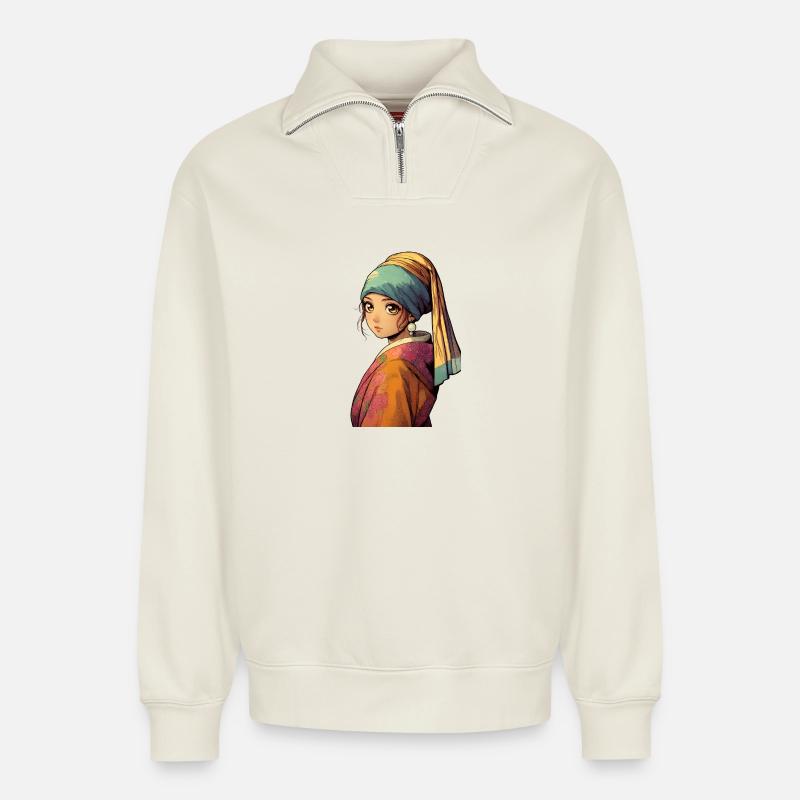 Manga de style jeune perle - Sweat unisexe décontracté en coton biologique à demi-zip – de SPREAD - blanc cassé