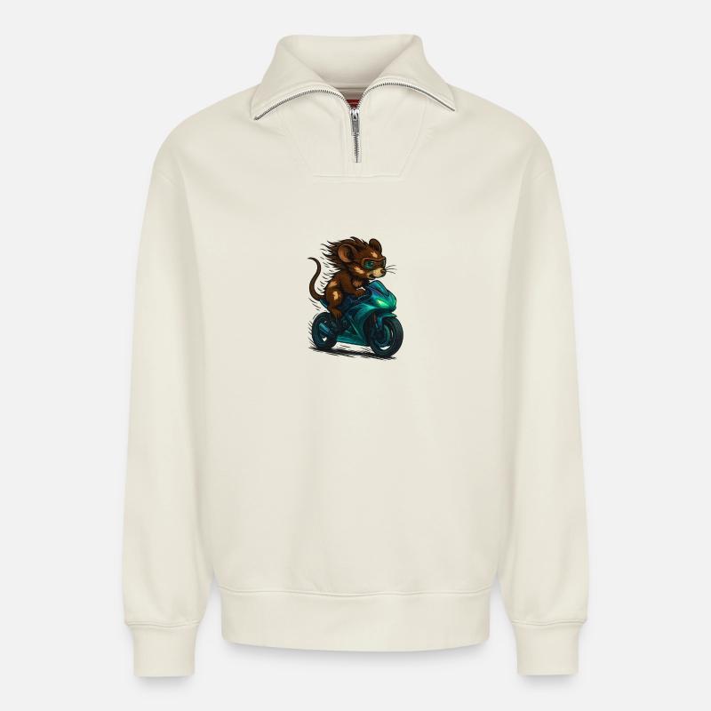 Motorcycle Mouse - Relaxed Unisex Organic Half Zip Sweatshirt – by SPREAD - off white
