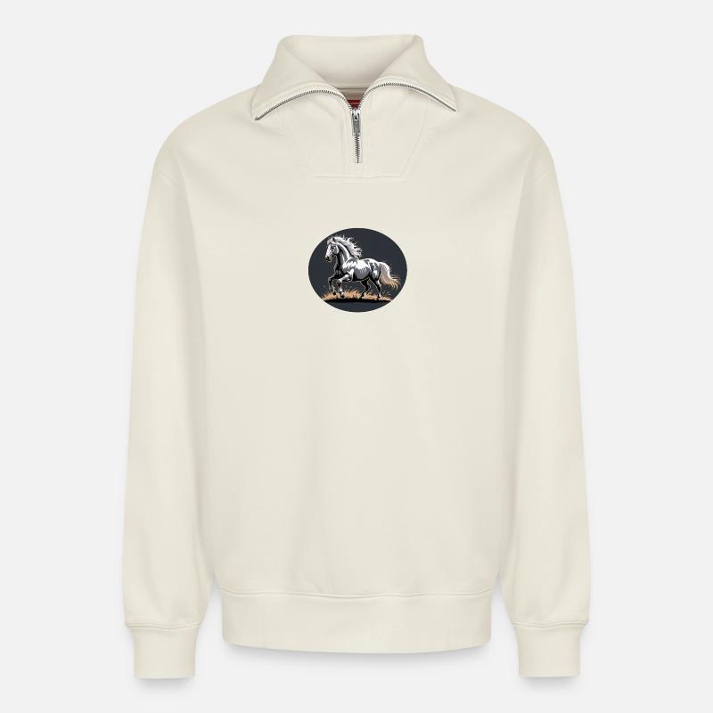 Elegant Silver Trotting Tinker Stallion - Relaxed Unisex Organic Half Zip Sweatshirt – by SPREAD - off white