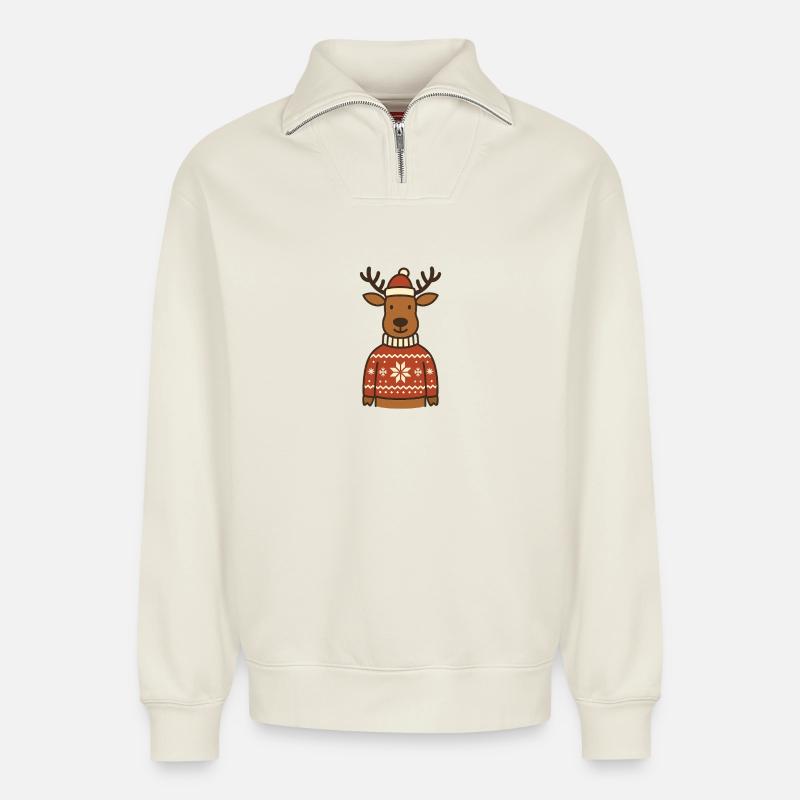 Lustiges Rentier im Norweger-Pullover - Relaxed Unisex Organic Half Zip Sweatshirt – von SPREAD - Naturweiß
