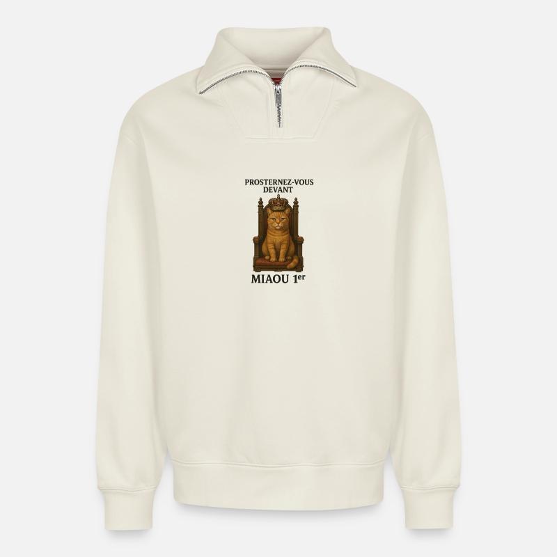 Chat Royal sur son Trône - Sweat unisexe décontracté en coton biologique à demi-zip – de SPREAD - blanc cassé