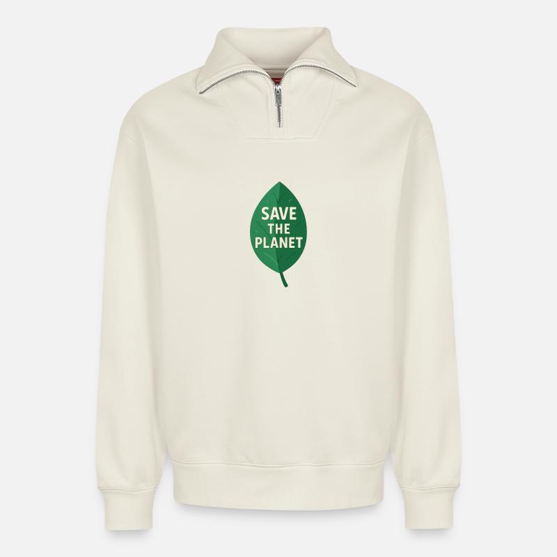 Eco-Leaf Save the Planet Design - Relaxed Unisex Organic Half Zip Sweatshirt – by SPREAD - off white