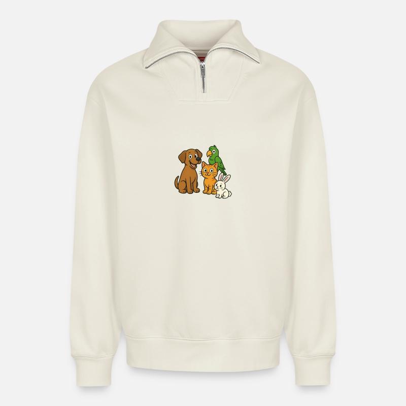 Amateurs d’animaux - Sweat unisexe décontracté en coton biologique à demi-zip – de SPREAD - blanc cassé