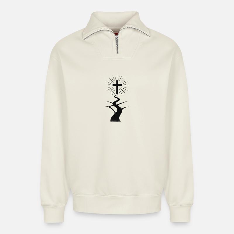 Cross Path / The Narrow Path - Relaxed Unisex Organic Half Zip Sweatshirt – by SPREAD - off white